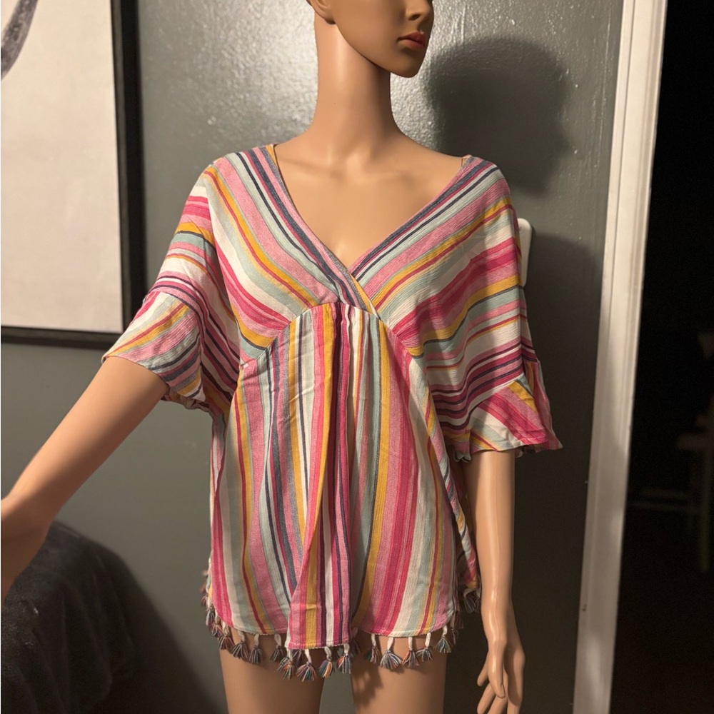 Kori Multicolor Striped Blouse with Fringe